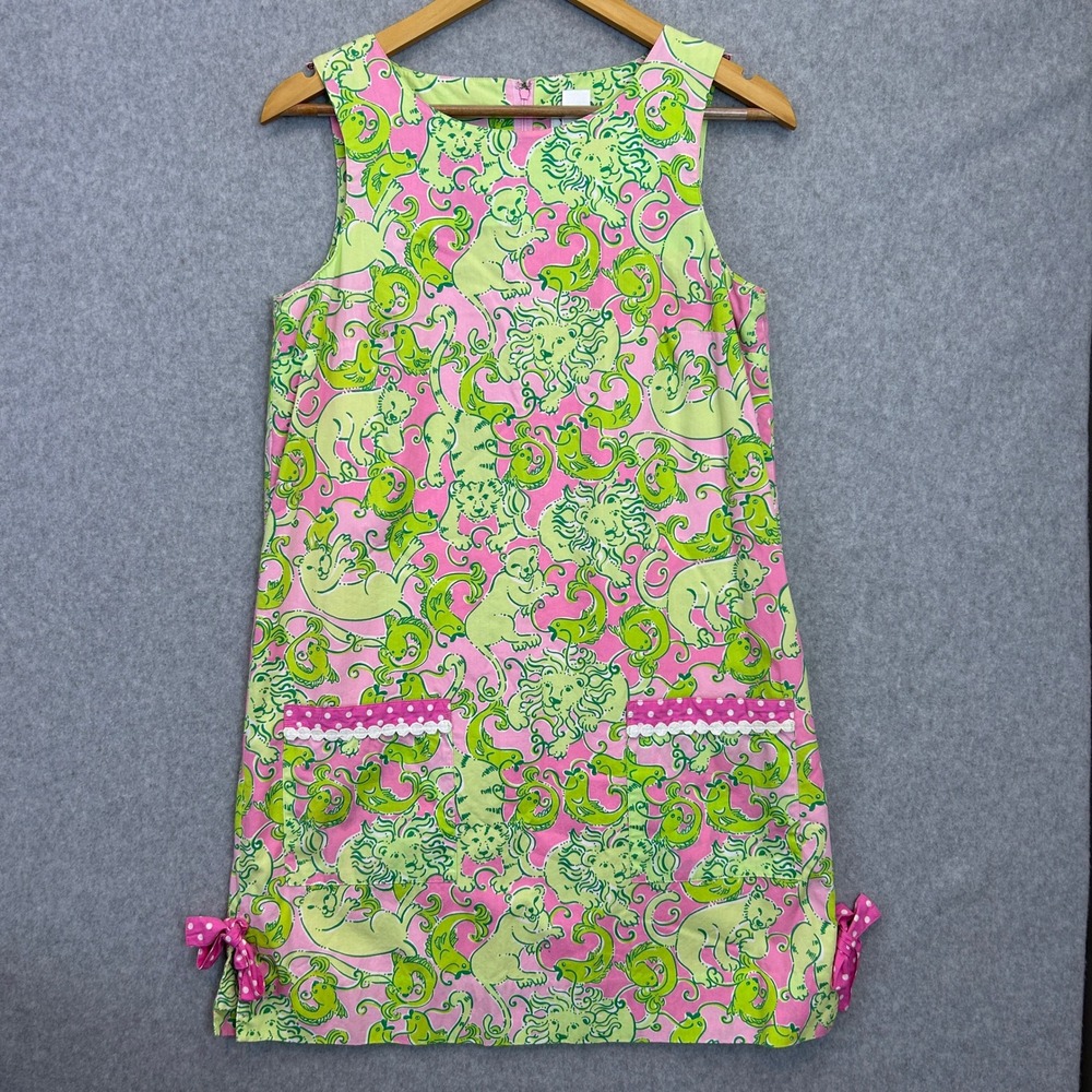 Lilly Pulitzer Vintage Sz 4 Shift Dress Pink Green Fried Catfish Lion Tiger Prep